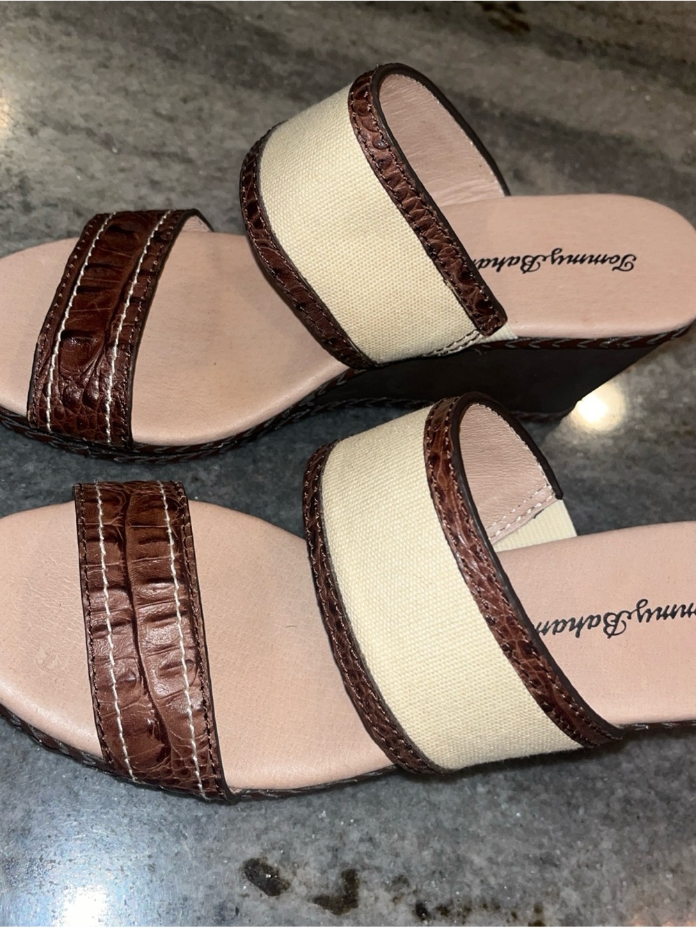 Tommy Bahama Cream and Brown Wedge Sandals - Picture 2 of 8